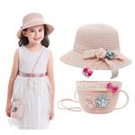 SNOWIE SOFT® Pink Straw Hat and Mini Shoulder Bag Combo for Girls 4-7 Years, Wide Brim Sun Hat with Floral Lace Bowknot, Toddler Summer Beach Cap, Ideal Kids Birthday Gift