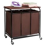 HollyHOME Rectangular Laundry Sorter with Folding Ironing Board, 3-Section Laundry Basket Sorter with Lockable Wheels for Laundry Bedroom Bathroom Living Room Brown