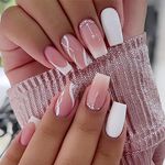 Coffin Long Press on Nails 24 Pcs White Fake Nails Silver Glitter Fake Nails Rhinestone Fake Nails Ballerina Fake Nails Full Cover Fake Nails for Women and Girls Nail Art