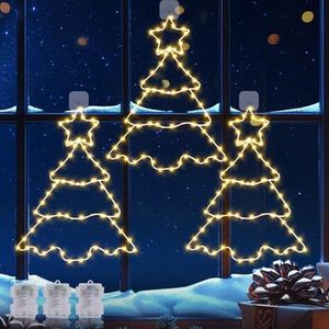 Quntis 3 Piezas Luces Navidad Ventana 38 cm Metal Grande, 210 Leds Árbol de Navidad Luces de Pilas, 8 Modos Impermeable para Exterior Interior Balcón Ventana Navidad Decoración,Blanco Cálido