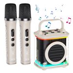 Mini Karaoke Machine with 2 Wireless Microphones, TONOR Portable Bluetooth Karaoke Speaker for Kids Adults with Microfono Mic and Colorful LED Lights, Girls Boys Present Child Home Singing Party Beige