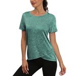 Jlowesun Women's Long Gym Yoga Tops, Short Sleeve Running Workout Sprots T-Shirt for Women UK Loose Fit,Quick Dry Fitness Activewear Athletic for Ladies Gym Exercise Dark Green