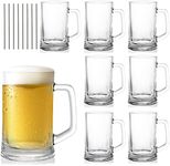 SOUJOY 8 Pack Glass Beer Mug, 12 Oz Beer Glass Stein with Handle and Straw, Clear Lead-Free Freezer Beer Cup Heavy Drinking Glass for Beer, Milk, Juice, Bar, Beverages