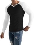 Muscle Cmdr Men’s Henley T-Shirt Long Sleeve V Neck Slim Fit Soft Stretch Casual Athletic Tee Medium Weight Black&White XS