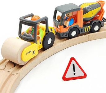 Wooden Train Cars Track Accessories Set Rescue Roller Truck and Mix Truck Toys Small Vehicles Magnetic Train Cars Fit for Wooden Train Track Railway for Boys and Girls (Engineering Set)