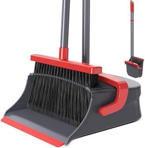 Zeawec Broom with Dustpan Combo Set, Long Handle Upright Standing Self-Cleaning Broom and Dustpan Set for Pet Hair & Dust Cleanup, Indoor Outdoor Use for Home, Kitchen, Office, Red & Gray