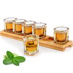 Shot Glasses Set of 6 Glass Shot Glasses with Tray 2oz/60ml 6pcs Square Shot Glass and 1pcs Holder Bulk Stand Organizer Crystal Glass Cups for Liquor Shots Tequila Whisky Brandy Vodka Rum Home Bar