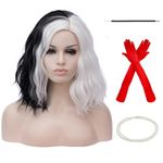 BERON 14" Women Girls Short Curly Bob Wavy Wig Body Wave Halloween Cosplay Costume Daily Party Wigs (Black and White)