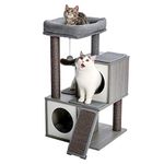 PAWZ Road [34''=86CM] Cat Tree Wood Cat Tower with Double Cat Condos for Indoor Large Cats, Cat Trees with Removable Perch and Fully Wrapped Scratching Sisal Post, Modern Grey