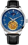 BOLYTE Retro Design Moon Phase Skeleton Automatic Mechanical Leather Strap Male Dress Watches, Blue, Mechanical