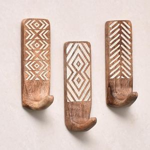 IndianShelf 3 Pack Wood Wall Hooks- Adhesive Wall Hooks -Boho Key Decorative Wall Hooks for Hanging- Wood Hangers -Sticky Coat Hooks Wall Mount- Wooden Towel Hooks for Bathroom Wall Mounted- Style 1