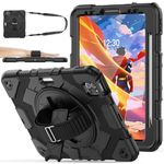 SEYMAC stock Case for iPad Air 5th/4th Generation 10.9 inch with MeshDesign, Pencil Holder [360° Rotating Snap Hand Strap] Stand, Shockproof Case for iPad 10.9'' 2022/2020 (Black+Black)