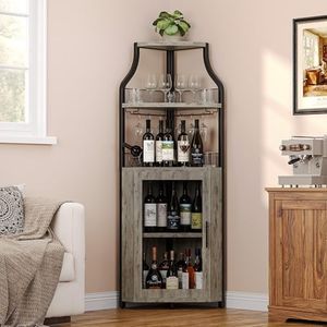 GarveeHome Corner Wine Bar Rack Cabinet with Detachable Wine Rack, Home Bar Cabinet with Barn Door and Adjustable Shelf, Wine Bar Cabinet and Buffet Cabinet with Mesh Door, Grey