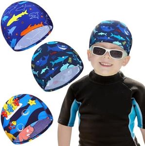 Geyoga Kids Swim Caps 3 Pieces Bathing Swimming Hats Unisex Polyester Bathing Cap Pool Cap Summer Swimming Caps for Boys Girls Long Short Hair (Shark, Dolphin)