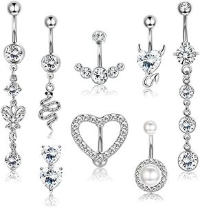 JeryWe 8 Piezas Piercing Ombligo Colgante para Mujer de Acero Inoxidable Mariposa Serpiente Anillo de Botón de Ombligo Piercing Niñas Vientres Anillo 14GPlata