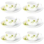 Larah By Borosil - Green Hub (LH) Cup and Saucer Set, 145ml, 12-Pieces, White, Opalware