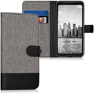 kwmobile Custodia Compatibile con Google Pixel 2 XL Cover Portafoglio - Case Chiusura Magnetica Portacarte Tessuto Similpelle grigio/nero
