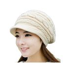 Krystle Devil Girl's Winter Warm Knit Hat Wool Snow Ski Caps with Visor(Beige)