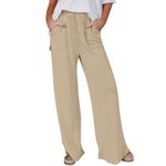 Linen Trousers Womens UK Clearance,Ladies Wide Leg Palazzo Pants Elasticated Waist Baggy Pants with Pockets Solid Casual Loose Fit Linen Straight Leg Beach Smart Work Summer Trousers Khaki