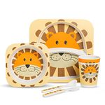 Luvlap Luv Lap Bamboo Baby Tableware, Eco Friendly Bamboo Fiber Dinner Set for Weaning Toddler Set of 5Pcs, 1 X Plate, 1 Xbowl, 1 X Glass, 1 X Spoon, 1 X Fork(Lion) Multicolor - Cartoon