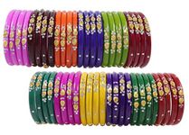 ZULKA Glass with Zircon Gemstone Or Beads Studded worked Glossy Finished Kada Set For Women and Girls, (MultiColour_2.6 Inches), Pack Of 48 Kada Set