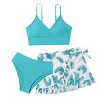 Girls' Sports Swimsuit 3 Piece Bathing Suits,Plain Bikini Set with Shorts Cover Up,Tankini Girls Surfing Beach Swimwear Set Up,Sizes 7-12 Years, Swimsuits Swimming Costume Summer (2A-Light Green, 14Y)