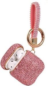 2020 Sparkly Diamond AirPods Case with Keychain, Shockproof Protective Premium Bling Rhinestone Cover Skin for AirPods Charging Case 2 & 1 (Pink+Gold Plated)