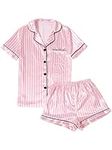 LYANER Women's Striped Silky Satin Pajamas Short Sleeve Top with Shorts Sleepwear PJ Set, Pink, Medium