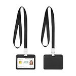 kwmobile ID Card Holders with Lanyard - Set of 2 - Horizontal Plastic Name Tag ID Badge Holders with Removable Strap - Black