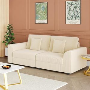 Advwin 3 Seater Sofa 215cm Corduroy Modular Couch Modern Sofa Lounge Comfy Sofa Beige for Living Room with Cushions