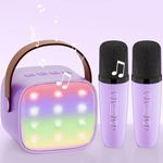 Kids Karaoke Machine, Upgrade Wowstar Karaoke Machine with 2 Wireless Microphones for Girls Boys, Mini Portable Bluetooth Speaker/Voice Changer Mic/Party Light/Toy Gift for Children Adult (Purple)