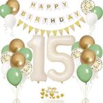 15th Birthday Decorations for Boy Girl,15th Birthday Balloons with Number 15 Foil Balloon Sage Green White Gold Balloons Happy Birthday Banner Birthday Cake Topper for 15th Party Decoration