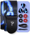 Perri's Leathers Ltd. - Guitar Strap - Bundle- Blue Lightning - BONUS - 3 Medium 0.71mm Guitar Picks, 1 Leather Acoustic Adaptor, 4 Strap Locks & Shoelace (LPCP-46-PKG)