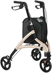 HOMCOM 3 Wheel Rollator, Lightweight Aluminium Tri Walker with Adjustable Handle, Storage Bag and Dual Brakes, Folding Mobility Walking Aid for Elderly, Handicapped, 5.3kg, Gold Tone