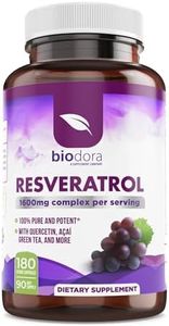 Biodora Resveratrol 1600mg, Trans-Resveratrol Antioxidant Supplement with Green Tea, Grape Seed Extract and Quercetin, Helps to Support Digestive Health and Immune System, 180 Capsules