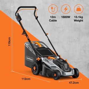 VonHaus 1800W Electric Lawnmower – 52L Bag, 430mm Width, Adjustable Handle