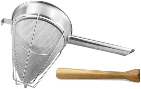 Strainer 18/8 Premium Stainless Steel Reinforced Chinois with Wooden Masher | Ultra-Fine Mesh for Smooth Soups, Purees, Stocks, Sauces | Long Handle & L-Hook for Pot Stability | by Handit