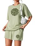 KSHS Women's Pista Green Cotton Printed Relaxed Night Suit Set Of Top & Shorts, Small