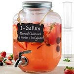 1 Gallon Glass Drink Dispenser with Stainless Steel Spigot + Marker & Chalkboard, & Ice Cylinder - 100% Leakproof Mason Jar Drink Dispenser Gallon Water Jug - Laundry Detergent Holder, Growler Jug