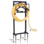 AMDERVEN Garden Hose Holders for Outside - Water Hose Holder Freestanding,Metal Hose Stand with 5 Spikers,Hose Hanger with Basket,Outdoor Garden Hose Reel Heavy Duty,Holds 150-feet Hose,Black