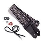 KLIQ Vintage Woven Guitar Strap for Acoustic and Electric Guitars + 2 Free Rubber Strap Locks, 2 Free Guitar Picks and 1 Free Lace | '60s Jacquard Weave Hootenanny Style | Aztec Gray