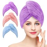 3 Pack Microfiber Hair Towel Wrap BEoffer Super Absorbent Twist Turban for Women Fast Drying Hair Caps with Buttons for Drying Curly, Long & Thick Hair Anti Frizz (Purple+Pink+Blue)