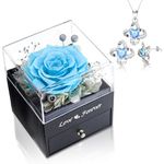 Preserved Real Rose with Necklace Earrings Set, Eternal Rose Flowers Gifts for Anniversary Birthday Valentine's Day Mothers Day Christmas (Light Blue)