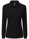 MoFiz Women's Long Sleeve Polo Shirts Lady-fit Golf Tennis Top Cotton Casual Work Golf Gym Active Sport Shirt with Buttons Black Size US L