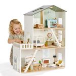 Giant bean Wooden Dolls House, Modern Dollhouse with Lights & 37 PCS Furniture Set – Nordic Style 3-Story Playhouse for Kids Age 3+, Doll House with Realistic Rooms, Gift for Girls & Boys