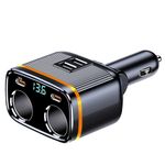 145W USB C Car Charger Cigarette Lighter Adapter with LED Voltmeter Dual USB +PD Ports, 12V/24V Cigarette Lighter Adapter Splitter 2 Sockets Fast Charging for Mobile Phones Tablets GPS CarLogger