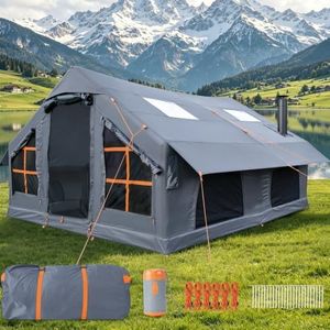 Large Inflatable Tents for Camping,Big Blow Up Tent with Stove Jack,13x10x6 Ft 4 Season Inflatable Camping Tent, Waterproof Air Camping Hot Tent for 4/6/8/10/12 Adults,Grey