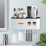 BHeadCat Toothbrush Holders Wall Mounted, Toothbrush Holder with Double Automatic Toothpaste Dispensers, 6 Brush Slots, 2 Magnetic Cups,1 Cosmetic Drawer Organizer and 1 Large Storage Tray（Black）