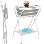 WUDLEP 2-in-1 Elevated Dog Bath Tub, Washing Station for Small & Medium Pets, Collapsible, Portable Pet Bathtub for Dogs, Cats Grooming, Showering, with Built-in Drain and Bath Brush Glove