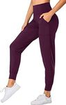 Oalka Women's Joggers High Waist Yoga Pockets Sweatpants Sport Workout Pants, Cassis, Medium